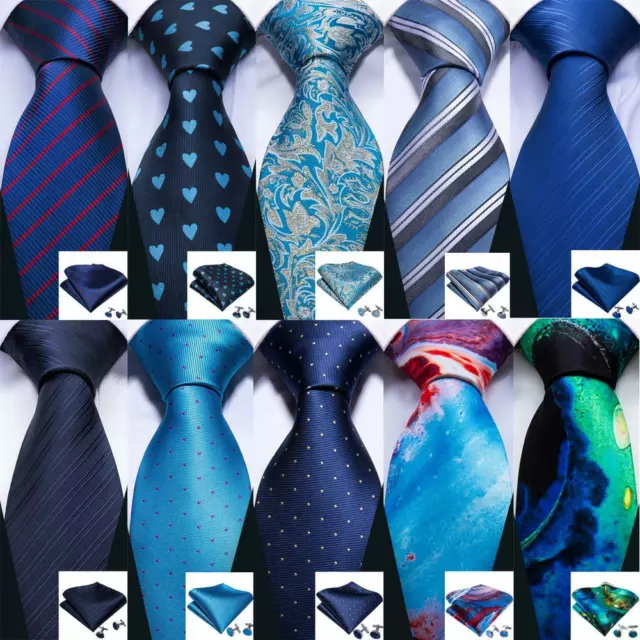 Classic Men's Navy Blue Tie Hanky Necktie with Cufflinks Pocket Square Tie Set 2