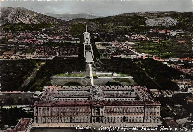 Cartolina Caserta vista aerea del Palazzo Reale e città colorata 1954