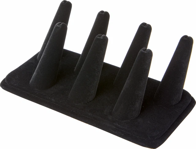 Plymor Black Velvet Ring Display 7 on Rectangle Base 6.75" x 3.5" x 2.25" 12 Pck