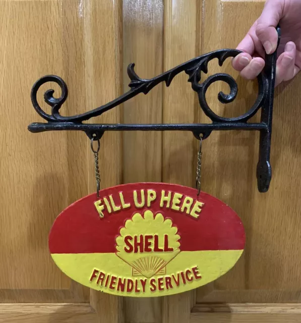 Shell Cast Iron Sign Gasoline Oil Double Sided Bracket Vintage Style Wall Decor