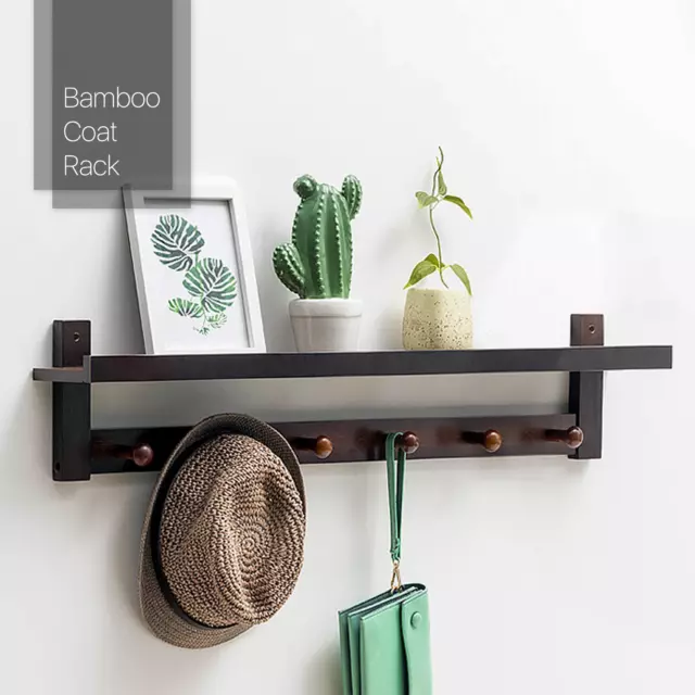 Bamboo Wall Mounted[FLOATING SHELF]Clothes Hook Rack Mail Holder Bag Hat Hanger