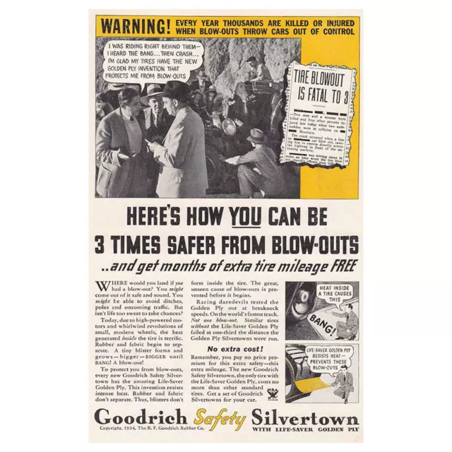 1934 Goodrich Safety Silvertown Tires: Fatal to 3 Vintage Print Ad