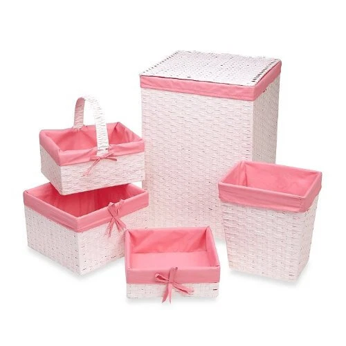 Redmon 7200WHPK Hamper & Basket Set, White & Pink - 5 Piece