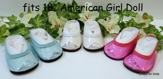 S/3 BLUE WHITE PINK Clear Sparkle BALLET FLATS fits 18" American Girl DOLL SHOES