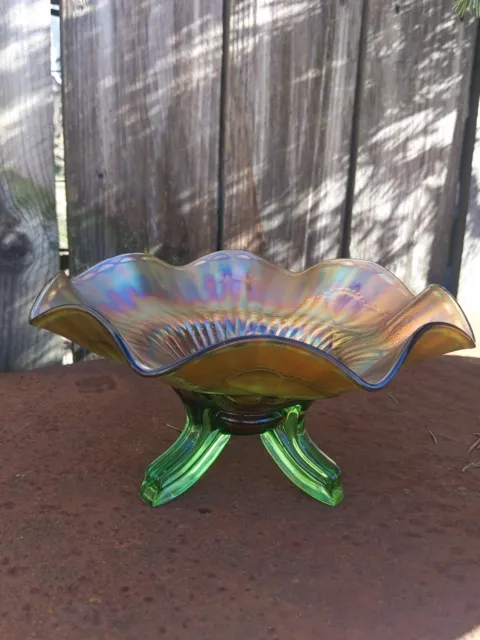 Rare Northwood Daisy & Plume Carnival Glass Footed Bowl