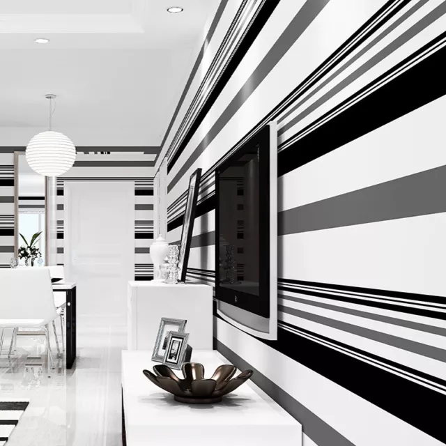 Grey Black White Non-woven Stripe Wallpaper Bold Charcoal Luxury Modern Decor