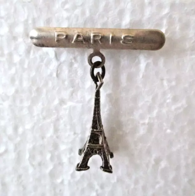 PARIS/EIFFEL TOWER Souvenir Pin Brooch Silver Tone W/ Charm Dangle Vintage AZJ