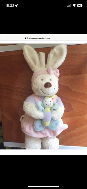 lapin beige robe rose et mauve parme papillon doudou musical tex baby
