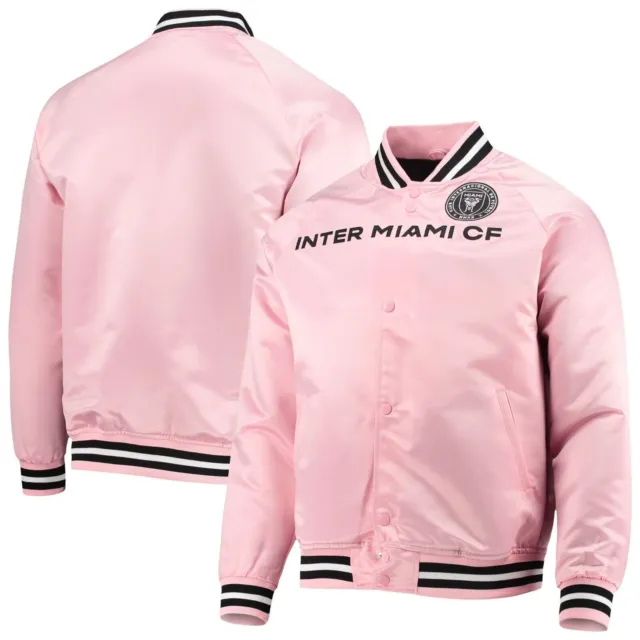 Rosa Satin-Uni-Jacke im Bomber-Stil von Inter Miami CF mit Druckknöpfen