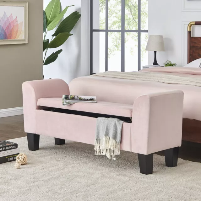 Storage Bench with Upholstered Rolled Arm Ottoman Bench Couch w/ Solid Wood Legs