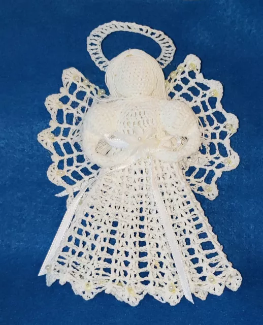 Vintage White Crocheted Starched Lace Angel Tree Topper 8"x6"x2"