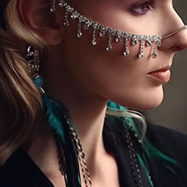 Women Face Mask Rhinestone Tassels Jewelry Masquerade Head Chain Sexy Veil 05021