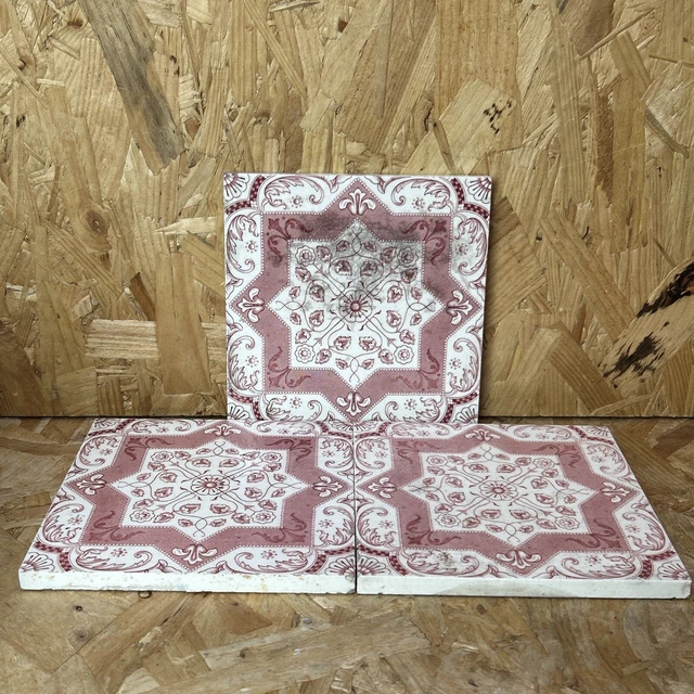 3 x Vintage Victorian Fireplace Hearth Wall Tile - Red White - 15.5 x 15.5cm