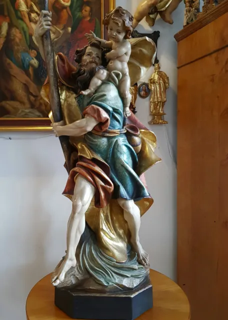 Alte Große Heilige Cristopholus mit Kind - Holzfigur geschnitzt bemalt. H. 95 cm