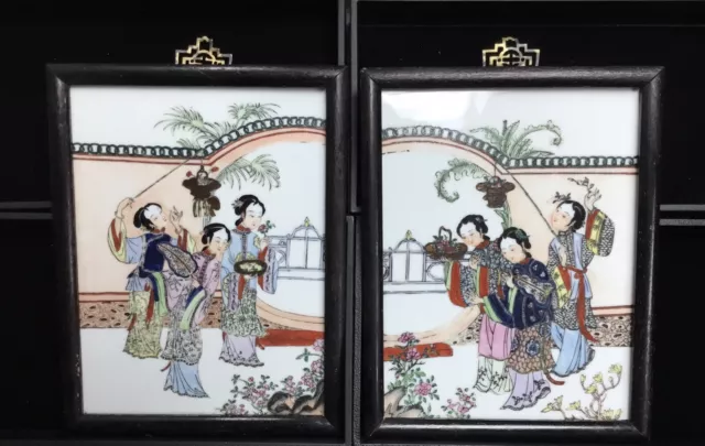 Pair of Chinese Antique Hand Painted Porcelain Plaque Tile Paintings Framed