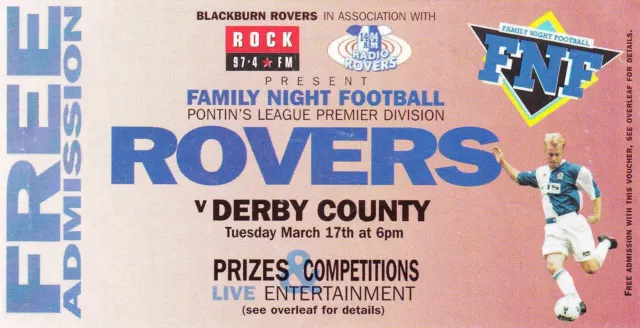 Ticket - Blackburn Rovers Reserves v Derby County Reserves (Undated)