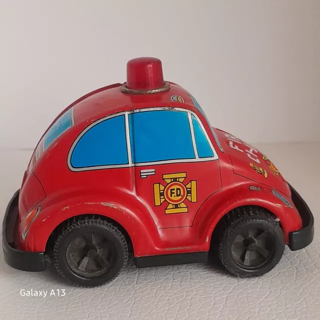 Rubber Tire Era Tin Toy VW Beetle Rear Wheel Friction Japan Fire Engine Red Rubber Tire Era Tin Toy VW Beetle Rear Wheel Friction Japan Fire Engine Red