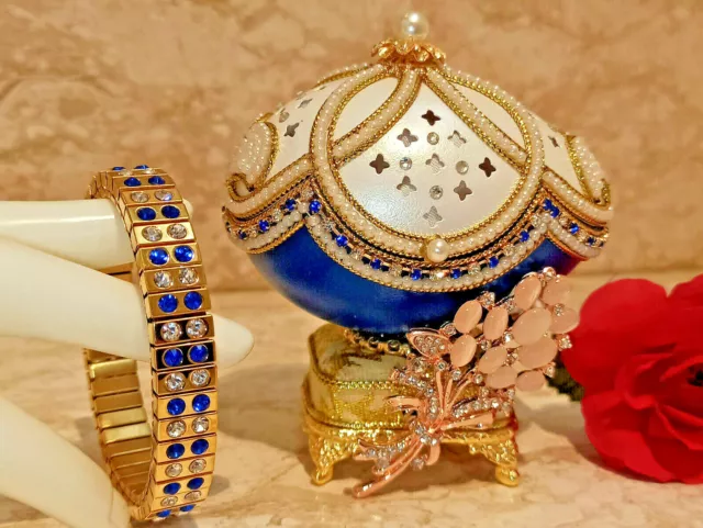 Flower Faberge egg Sapphire Blue gift Trinket Box Handcarved 24kGold & Bracelet