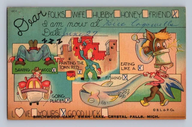 Busy Person's Correspondence CRYSTAL FALLS Michigan Swan Lake Birchwood Camp '48