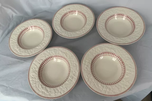 George Jones Sons Sheridan Pink 5 Rimmed Soup Bowls White Embossed Rim 8” Read