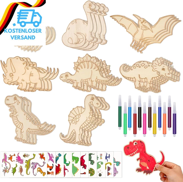 Dinosaurier Bastelset Aus Holz – 46-teiliges Kreativset Für Kinder Mit Farbstiften & Stickern