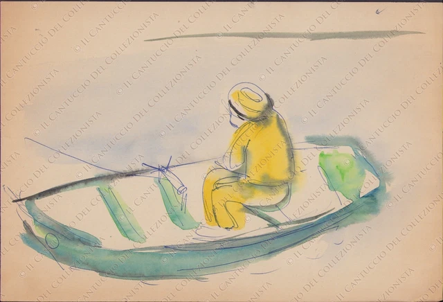 Disegno Uomo in barca pescatore pesca Acquerello