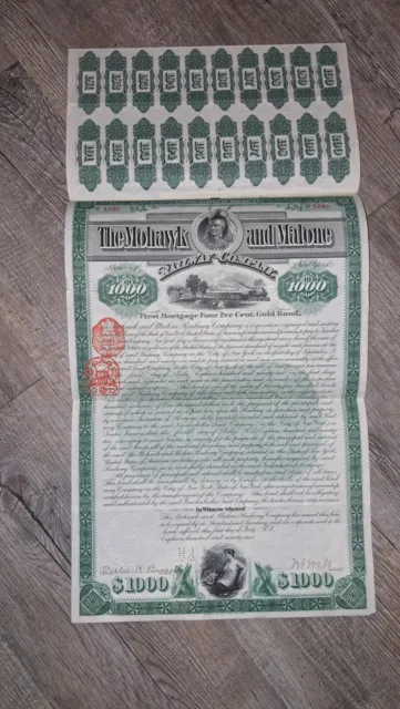 Bond / Shares "The Mohawk and Malone Railway Company" von 1892 -- Autograph