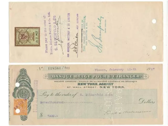 Vienna 1927 bank check with Austrian & England revenue stamps drawn on NY Agency