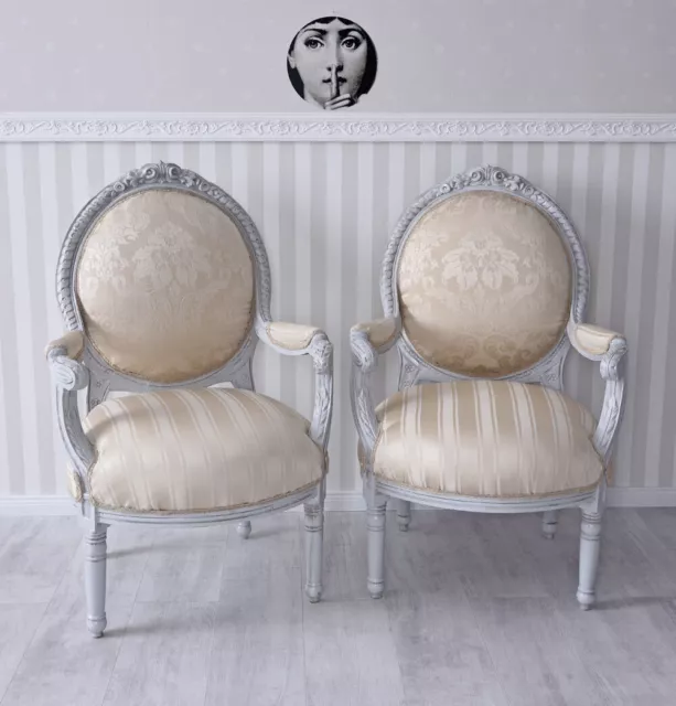 2er Set Fauteuil Crème Baroque Shabby Chic Accoudoirs de Chaise Paire De Thron