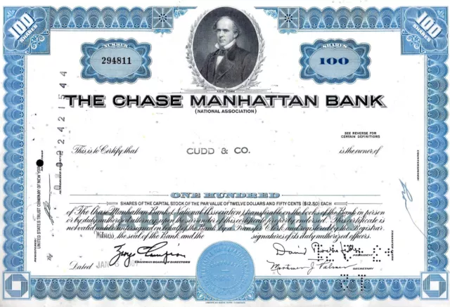 The Chase Manhattan Bank, New York, 1967 (100 Shares, blau) sig. D. Rockefeller