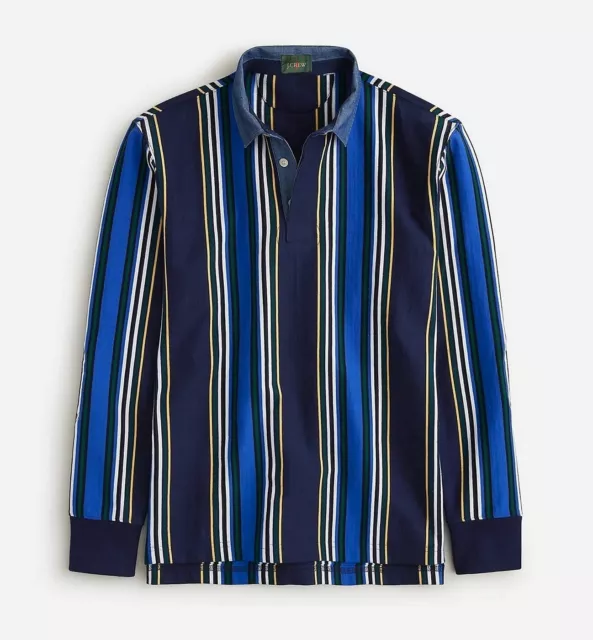 JCREW rugby shirt striped navy blue royal white elbow pad chambray collar L NWT