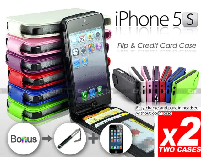 2 x Premium Leather Phone Wallet Flip ID Card Case Cover For New iPhone 5 5S 5G
