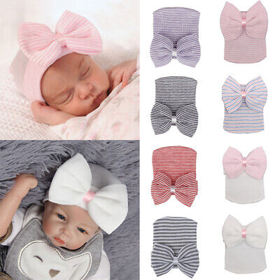 Newborn Baby Girls Infant Striped Hat with Bow Cap Hospital Beanie Headband UK