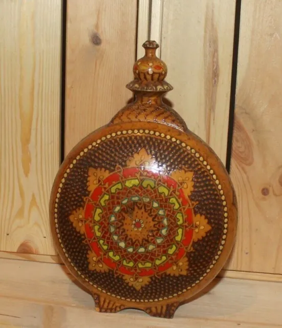 Vintage hand made folk pyrography wood brandy flask bottle
