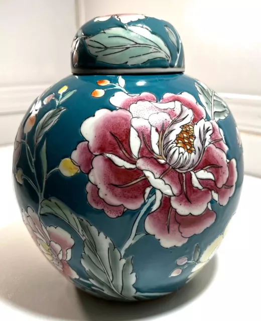 VTG Asian Oriental Chinese Porcelain Floral Green and Pink Ginger Jar Bud Vase