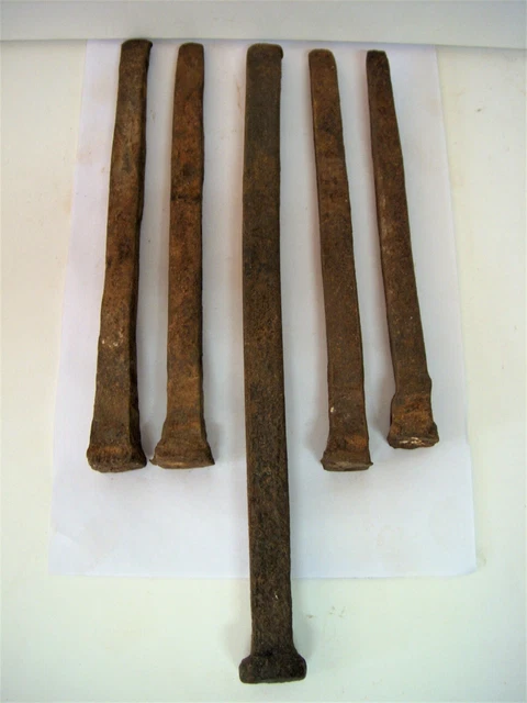 (5) Antique Primitive Blacksmith Made Forged Wrought Iron Spikes/Large Nails