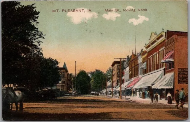 1908 MT. PLEASANT, Iowa Postcard "MAIN STREET Looking North" Downtown Scene PCK