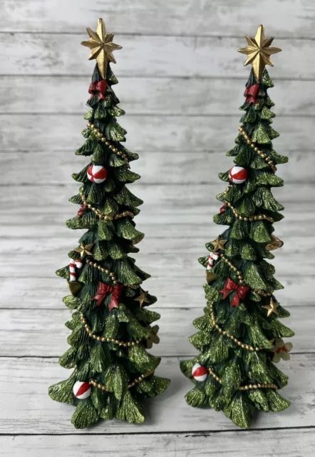 CHRISTMAS TREES for VILLAGE set of 2 Glitter Decorated Tall Stars 11.5” Tall