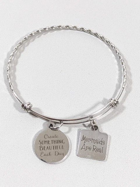 Silver Tone Mermaids Are Real Create Beautiful Charm Expandable Bangle Bracelet