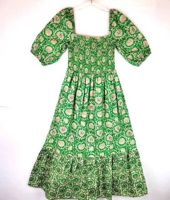 House Of Harlow Womens Smocked Floral Square Neck Midi Dress Size Small Green