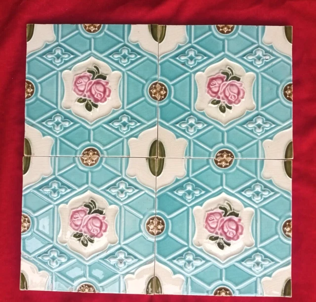 4 Piece Lot Old Art Flower Design Embossed Majolica Ceramic Tiles England 0357