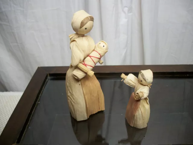 Pair of Vintage Cornstalk Dolls Mother & Daughter & Baby 5 3/4" Tall Hand Made