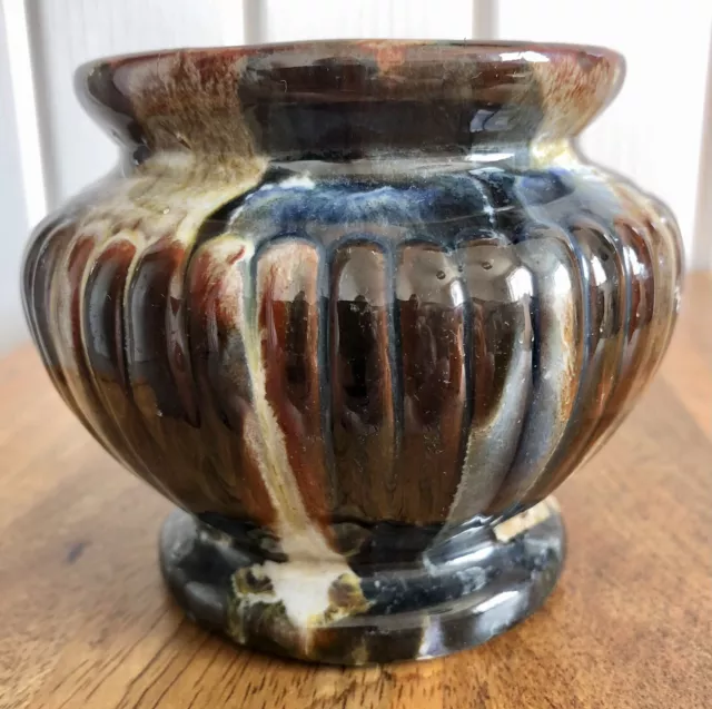 Vintage Brown Swirl Drip Glazed Ceramic Pottery Ribbed Vase 3.5” Retro