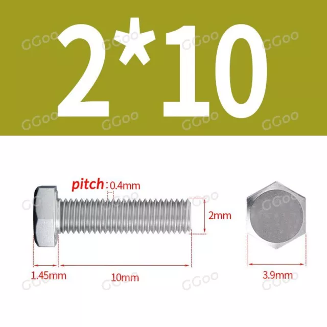 M2 - 2mm SET SCREWS HEX HEAD FULLY THREADED BOLTS G304 STAINLESS STEEL - DIN 933