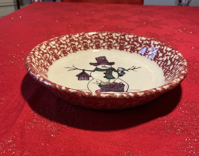 Roseville Cranberry Pink Spongeware Gerald E Henn Snowman Pie Dish 3