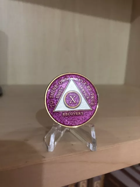 Alcoholics Anonymous 10 Year Pink Glitter  Tri-plate Token Coin Medallion AA