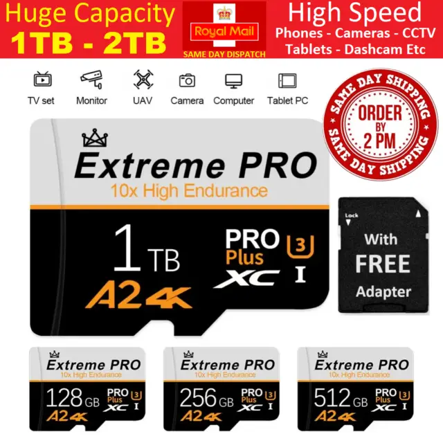 Micro SD Memory Card Class 10 U3 A2 64GB 128GB 256GB 512GB 1TB + Free Adapter