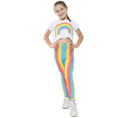 Kids Girls Crop Top & Legging Rainbow Print White Fashion Belly Shirt Outfit Set