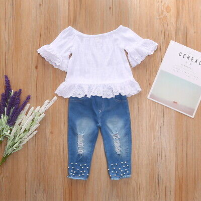 2PCS Toddler Kids Baby Girl Clothes Ruffle T Shirt Tops Jeans Pants Outfits Set