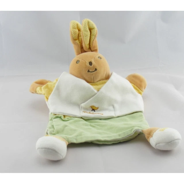 Doudou plat lapin blanc vert oiseau brodé TAKINOU  - 4871